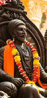 Statue of Shivaji Maharaj with vibrant garlands and traditional attire.