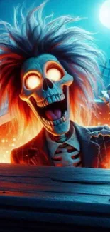 Glowing skeleton with fiery hair in a spooky, moonlit setting.