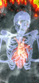 Skeleton with glowing heart and flames mobile wallpaper.