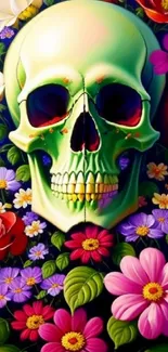 Green skull with vibrant flowers mobile wallpaper.