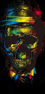 Vivid abstract skull art with colorful accents on black background.