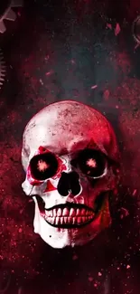 Crimson red skull art with gears on a dark background.