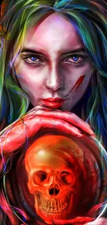 Intense colorful artwork with skull and mysterious person.