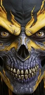 Dark skull with fiery yellow accents wallpaper, showcasing edgy horror art.