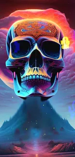 Bright and colorful skull fantasy mobile wallpaper.