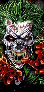 Vivid Joker skull with green hair and fiery hands in art wallpaper.