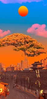 Vibrant cityscape with an orange sky and mystical blooming tree.