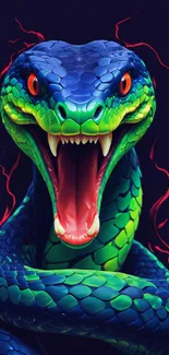 Vibrant blue and green snake digital artwork with striking details.