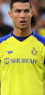 Soccer player in blue and yellow jersey on the field.