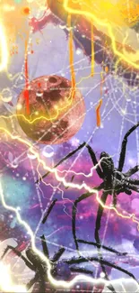 Electrifying wallpaper with spiders and lightning in cosmic colors.