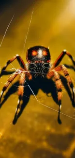 Vivid spider on a golden web background, perfect for mobile wallpaper.