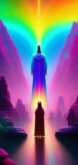 Vibrant mystical mountain wallpaper with spiritual figures and colorful hues.