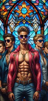 Stylish men in sunglasses with stained glass background.