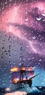 Ship sails through storm with vivid lightning and raindrops.