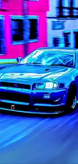 Blue racing car on colorful street wallpaper.