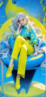 Stylish character sitting in a vibrant chair with long flowing hair.