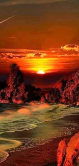 Vibrant sunset over rocky beach with crashing waves.