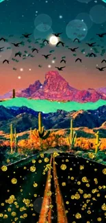 Vivid desert sunset with cacti and birds on a mobile wallpaper.