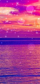 Vivid ocean sunset with purple and pink hues, sparkling stars above.