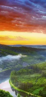 Beautiful sunset over green hills and a winding river with vibrant colors.