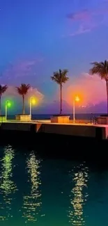 Neon-lit pier at sunset with colorful reflections under palm trees.