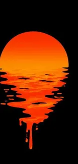 Vivid orange sunset reflecting in calm waters on black background.