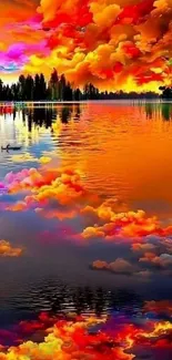 Vivid sunset reflection over calm waters with colorful clouds.