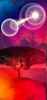 Vivid sunset tree with surreal colors and mystical elements in background.