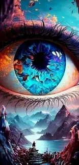 Captivating surreal artwork of a vivid blue eye with mystical landscape elements.