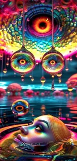 Surreal mobile wallpaper with vibrant eye design.