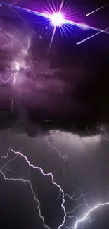 Vivid lightning illuminates a dark, stormy night sky with a purple glow.