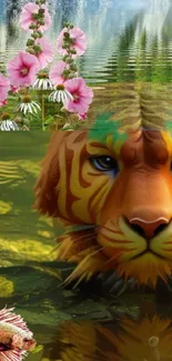 Vivid tiger submerged in water with pink flowers above.