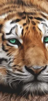 Digital tiger art with green eyes on mobile wallpaper.