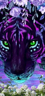 Vibrant neon-colored tiger with floral elements and neon green eyes.