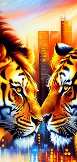 Two tigers reflecting in vibrant urban art.