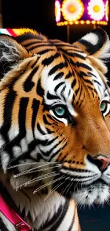 Close-up of a vibrant tiger with teal eyes on phone wallpaper.