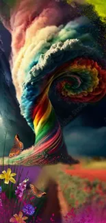 Vivid abstract tornado with rainbow colors and nature elements, perfect for mobile.