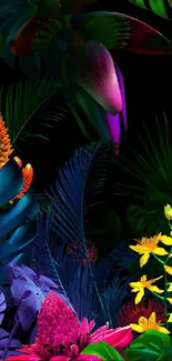 Vibrant tropical foliage mobile wallpaper with colorful exotic flowers.