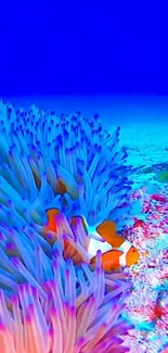 Colorful underwater scene with clownfish and coral reefs.