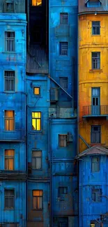 Vibrant blue and yellow urban building facade.