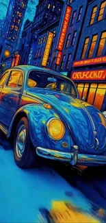 Vintage blue car on neon-lit city street wallpaper.