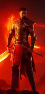 Warrior with flaming sword stands boldly against a vibrant fiery background.