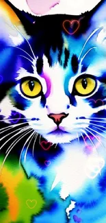 Vivid watercolor illustration of a colorful cat with yellow eyes.