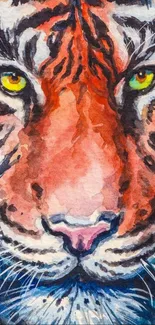 Vibrant watercolor tiger portrait with striking orange and blue hues.