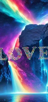 Vibrant waterfall wallpaper with 'Love' text set in a colorful canyon landscape.