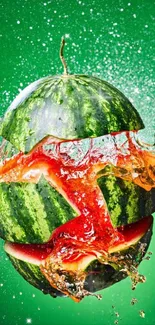 Explosive watermelon splash on a vibrant green background.