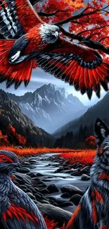 Vibrant mountain wildlife with red foliage in autumn.