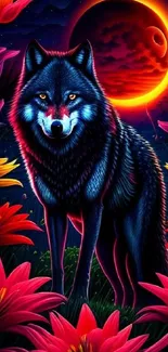 Wolf in vibrant floral setting under red eclipse.