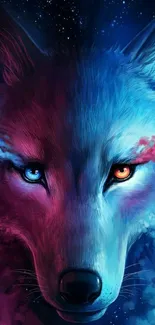 Vibrant blue and pink wolf art wallpaper, perfect for mobile background.