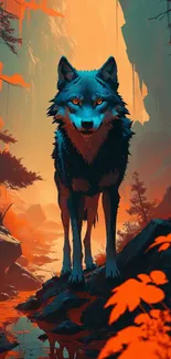 Striking wolf in vivid orange and blue canyon landscape wallpaper.